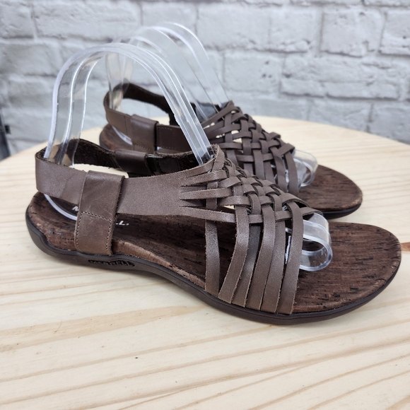 MERRELL Leather Falcon Braided Strap Cork Bed Sandals Brown US 11 - Picture 1 of 14